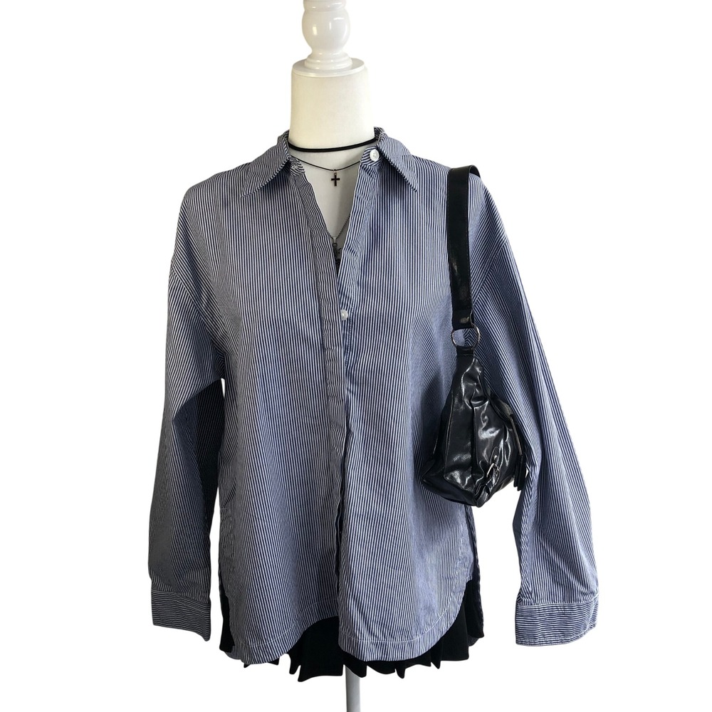 Banana Republic Oversized Poplin Shirt Womens S Blue White Striped Long Sleeve